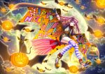  2017 ash_(bgash0207) bat_wings blush cat closed_mouth fang full_moon happy_halloween jack-o'-lantern kneehighs looking_at_viewer md5_mismatch moon night original outdoors purple_hair red_eyes sky smile solo star_(sky) starry_sky striped striped_legwear twintails wings 