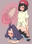  2girls acerola_(pokemon) all_fours ass beanie bent_over black_hair bottomless censored clothed_sex doggystyle dress dress_lift futa_with_female futanari mizuki_(pokemon_sm) no_panties penis pokemon pokemon_(game) pokemon_sm purple_hair short_hair trial_captain umonebi x-ray 