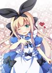  :3 apron black_hairband blonde_hair blue_dress bow commentary_request dress green_eyes hair_bow hairband hand_on_own_chest highres long_hair mononobe_alice nijisanji one_eye_closed open_mouth ribbon smile solo upper_body virtual_youtuber yuuhi_alpha 
