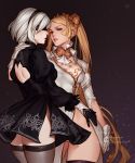  absurdres arm_around_shoulder ass_visible_through_thighs black_blindfold black_legwear blindfold blonde_hair hairband highres leotard lera_pi long_hair looking_at_viewer multiple_girls nier_(series) nier_automata parted_lips short_hair silver_hair thighhighs very_long_hair yorha_infantry_squad_commander yorha_no._2_type_b 