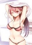  ;( armpits arms_up bangs bare_shoulders blush bow bow_panties bra breasts brown_bra brown_hair brown_panties closed_mouth collarbone eyebrows_visible_through_hair hair_between_eyes highres indoors lace lace-trimmed_bra lace-trimmed_panties large_breasts looking_at_viewer navel original panties piripun red_eyes shirt short_sleeves signature solo underwear underwear_only white_shirt 