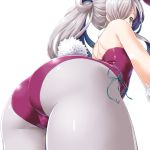  animal_ears arched_back asashimo_(kantai_collection) ass breasts bunny_ears bunny_girl bunny_tail bunnysuit commentary_request cowboy_shot dd_(ijigendd) from_below from_side green_eyes grey_hair grey_legwear hair_over_one_eye hidden_mouth kantai_collection leotard long_hair looking_at_viewer pantyhose side_ponytail simple_background small_breasts solo tail white_background wrist_cuffs 