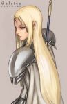  blonde_hair blue_eyes cape character_name claymore claymore_(sword) closed_mouth copyright_name galatea_(claymore) grey_background long_hair looking_at_viewer looking_back pauldrons simple_background smile solo standing tea_(nakenashi) upper_body weapon weapon_on_back white_cape 