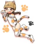  animal_ears bell bell_collar black_hair blush_stickers braid brown_eyes brown_hat calico cat_costume cat_ears cat_tail collar commentary dutch_angle elbow_gloves fake_animal_ears fake_tail fukuda_(girls_und_panzer) girls_und_panzer glasses gloves hat helmet leg_up leotard long_hair open_mouth paw_gloves paw_pose paw_print paw_shoes paws print_gloves print_legwear print_leotard round_eyewear shadow shoes standing standing_on_one_leg tail thighhighs twin_braids twintails uona_telepin white_background 