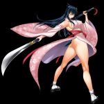  1girl ass black_hair breasts erect_nipples full_body kimootarou_monogatari kodamashi large_breasts long_hair naginata red_eyes sideboob solo standing 