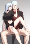  1girl ;d aqua_eyes barefoot belt black_choker black_shirt black_shorts breasts choker collarbone couple crop_top crop_top_overhang dated hair_between_eyes hand_on_another's_cheek hand_on_another's_face hand_on_another's_thigh hetero highres hood hoodie kagami_(openxlock) large_breasts leg_lift long_hair looking_back midriff navel one_eye_closed open_mouth orange_eyes original raglan_sleeves shirt short_shorts shorts sitting sitting_on_lap sitting_on_person smile stomach white_hair 