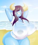  big_breasts bottomless breasts brown_hair clothed clothing demon dmxwoops female grin hair horn huge_breasts humanoid long_hair mammal not_furry raised_arm sharp_teeth shirt smile solo sue_(peculiart) teeth thick_thighs wet_clothes wet_shirt 
