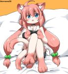  ahoge animal_ears bangs bare_arms bare_legs bare_shoulders bed_sheet bike_shorts black_shorts blue_eyes blush cat cat_ears cat_girl cat_paws cat_tail claws collarbone controller crossed_legs eromame eyebrows eyebrows_visible_through_hair fewer_digits fur furrification furry hair_between_eyes hair_bobbles hair_ornament hinata_channel holding holding_controller long_hair looking_at_viewer low_twintails multiple_tails nekomiya_hinata open_mouth orange_background paws pillow pink_hair playing_games playstation_controller shirt shorts simple_background sitting solo tail tank_top tied_shirt twintails twitter_username two_tails very_long_hair virtual_youtuber white_shirt wristband 