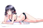  adagaki_aki arm_support armpits ass_visible_through_thighs bangs bikini black_bikini black_hair blush breasts chin_rest closed_mouth collarbone feet_out_of_frame from_side front-tie_bikini front-tie_top groin hair_rings hand_on_own_cheek highres hips legs_together light_smile long_hair looking_at_viewer looking_to_the_side low_twintails lying masamune-kun_no_revenge navel on_side on_stomach polka_dot polka_dot_bikini purple_eyes red_scrunchie scrunchie shadow shiny shiny_hair side-tie_bikini sidelocks simple_background small_breasts smile solo straight_hair sunhyun swimsuit thigh_gap towel twintails twisted_torso white_background white_towel 