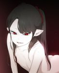  all_fours ass bangs black_hair breasts doremi flat_chest long_hair looking_at_viewer nipples nude original parted_lips petite pointy_ears ponytail red_background red_eyes red_lips sharp_teeth small_breasts smile solo teeth upper_body vampire white_skin 