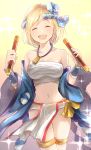  :d ^_^ bare_shoulders blonde_hair blush breasts checkered checkered_ribbon cleavage closed_eyes commentary_request djeeta_(granblue_fantasy) drum_master_(granblue_fantasy) drumsticks fundoshi gradient gradient_background granblue_fantasy hachimaki hair_ribbon happy headband highres japanese_clothes medium_breasts midriff myusha navel nejiri_hachimaki open_mouth ribbon sarashi short_hair smile solo sparkle taiko_sticks thighlet yellow_background 