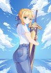  1girl 777._(pixiv) absurdres ahoge artoria_pendragon_(all) blonde_hair blue_pants blue_ribbon blue_sky braided_bun cloud cowboy_shot day eyebrows_visible_through_hair fate/stay_night fate_(series) green_eyes hair_between_eyes hair_ribbon highres holding holding_sword holding_weapon looking_at_viewer outdoors pants pixiv_fate/grand_order_contest_1 ribbon saber sheath sheathed shiny shiny_hair shirt short_sleeves sidelocks sky solo standing sword tied_hair weapon white_shirt 