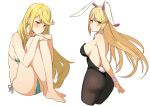  animal_ears ass bangs bare_legs barefoot bikini blonde_hair blush breasts bunny_ears bunny_girl bunny_tail bunnysuit cropped_legs eyebrows_visible_through_hair fake_animal_ears from_behind green_bikini hairband highres hikari_(xenoblade_2) icarus_(632247131) knees_to_chest large_breasts leotard looking_at_viewer multiple_views own_hands_together side-tie_bikini sideboob sidelocks simple_background sitting swept_bangs swimsuit tail white_background wrist_cuffs xenoblade_(series) xenoblade_2 yellow_eyes 