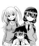  black_hair blush cardigan hands_in_pockets highres kuroki_tomoko long_hair monochrome necktie nemoto_hina newsprint_texture smile tamura_yuri twintails watashi_ga_motenai_no_wa_dou_kangaetemo_omaera_ga_warui! 