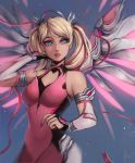  absurdres alternate_costume alternate_hairstyle bare_shoulders blonde_hair blue_eyes commentary criss-cross_halter earrings elbow_gloves english_commentary gloves hair_ribbon halterneck highres jewelry long_hair looking_at_viewer matilda_vin mechanical_halo mechanical_wings mercy_(overwatch) nail_polish overwatch parted_lips pink_lips pink_mercy pink_nails pink_ribbon ribbon signature solo twintails wings 