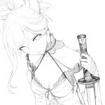  bare_shoulders breasts bridal_gauntlets cleavage collar commentary_request fate/grand_order fate_(series) hair_between_eyes holding holding_sword holding_weapon japanese_clothes kimono long_hair looking_at_viewer magatama medium_breasts miyamoto_musashi_(fate/grand_order) monochrome ponytail sketch sleeveless sleeveless_kimono solo sword upper_body walzrj weapon work_in_progress 