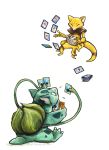  2018 3_toes 4_fingers abra ambiguous_gender book brown_skin bulbasaur card charizard claws duo hi_res kenket nintendo pok&eacute;mon pok&eacute;mon_(species) simple_background sitting sweat sweatdrop teal_skin telekinesis tentacles toe_claws toes url video_games white_background yellow_skin 