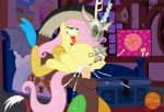  2016 ahegao balls bed blush cum cum_inflation discord_(mlp) female fluttershy_(mlp) friendship_is_magic green_eyes impregnation inflation looking_pleasured male male/female my_little_pony ovum penis red_eyes sperm_cell tongue tongue_out vaginal zeta_r-02 