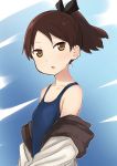  abe_kanari blue_background blue_swimsuit brown_eyes brown_hair hair_ribbon jacket kantai_collection looking_at_viewer one-piece_swimsuit open_mouth ponytail ribbon school_swimsuit shikinami_(kantai_collection) short_ponytail solo swimsuit two-tone_background upper_body white_jacket 