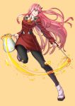  absurdres aqua_eyes black_legwear boots commentary_request darling_in_the_franxx full_body hairband highres holding_jug holding_ladle honey horns jug ladle long_hair nanni_jjang orange_neckwear pantyhose pink_hair red_horns smile standing standing_on_one_leg uniform white_hairband zero_two_(darling_in_the_franxx) 