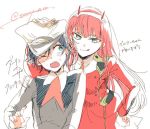  1boy 1girl black_hair blush commentary_request couple darling_in_the_franxx fringe green_eyes hair_ornament hairband hand_on_another&#039;s_head hand_to_hat hat hetero hiro_(darling_in_the_franxx) horns lipstick long_hair looking_at_viewer military military_uniform necktie one_eye_closed oni_horns orange_neckwear peaked_cap pink_hair red_horns red_neckwear senyuarr short_hair signature sweatdrop translation_request uniform white_hairband zero_two_(darling_in_the_franxx) 