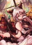  absurdres animal_ears arm_support backless_outfit bad_id bad_pixiv_id black_dress braid breasts cat_ears cleavage commentary_request dress earrings elbow_gloves erune gloves granblue_fantasy hair_between_eyes hair_tubes heles highres jewelry large_breasts long_hair looking_at_viewer lying mi_bait on_stomach single_braid solo very_long_hair white_gloves white_hair yellow_eyes 