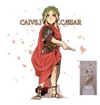 armor bitchcraft123 blonde_hair brooch character_name eyebrows_visible_through_hair fine_art_parody genderswap history holding_rod holding_shield jewelry julius_caesar latin laurel_crown legs_apart looking_up original outstretched_arm parody photo photo-referenced pointing pointing_down real_life red_cloak reference_photo rock roman_empire shield short_sleeves solo standing statue toga yellow_eyes 