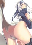  1girl ainu ainu_clothes ass assisted_exposure bandana barefoot black_legwear blue_eyes blush breasts commentary_request cropped_jacket crotch dress dress_lift eyebrows_visible_through_hair folded_ponytail from_behind fundoshi hair_between_eyes hands_up headband highres japanese_clothes kamoi_(kantai_collection) kantai_collection large_breasts leg_up lifted_by_another long_hair long_sleeves looking_at_viewer looking_back nekotama_(tsuki) open_mouth short_eyebrows sideboob sidelocks simple_background sleeveless sleeveless_dress thick_eyebrows thighhighs thighs white_background white_dress white_hair wrist_guards 