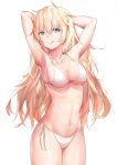  ahoge alternate_costume armpits arms_behind_head bangs bikini blonde_hair blush breasts cleavage collarbone commentary_request cowboy_shot eyebrows_visible_through_hair fang girls_frontline green_eyes groin hair_between_eyes head_tilt highres legs_together long_hair looking_at_viewer madao medium_breasts messy_hair navel parted_lips s.a.t.8_(girls_frontline) side-tie_bikini sidelocks simple_background smile solo stomach swimsuit thighs very_long_hair white_background white_bikini 