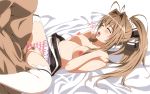  amagi_brilliant_park blush brown_hair censored long_hair male mokke_(artist) no_bra panties ponytail pubic_hair pussy sento_isuzu sex skirt skirt_lift spread_legs striped_panties thighhighs topless underwear wet 