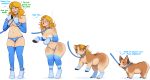  2017 annoyed blonde_hair breasts canine clothing collar corgi dialogue dog female feral hair human human_to_feral leash legwear madamsquiggles mammal multi_nipple navel nipples nude open_mouth sequence shrinking simple_background solo standing stockings transformation underwear unseen_character white_background 
