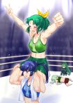  :d ^_^ aoki_reika arms_up bad_end_march bike_shorts blue_eyes blue_hair blush clenched_hand closed_eyes commentary_request green_hair green_shorts hair_ornament hair_ribbon hairclip highres long_hair majorina midorikawa_nao midriff multiple_girls navel neziiro open_mouth ponytail precure ribbon shorts smile smile_precure! sweat v wrestling_ring yellow_ribbon 