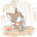  2017 cat eyes_closed feline food fruit kanannbo mammal melon open_mouth watermelon 