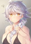  asymmetrical_hair bangs bare_shoulders black_bikini_top blush braid breasts cleavage commentary_request eyebrows_visible_through_hair hair_between_eyes highres jitome kantai_collection large_breasts long_hair looking_at_viewer pout scrunchie silver_hair single_braid sketch solo squiggle unryuu_(kantai_collection) wavy_hair yamaarashi yellow_eyes 
