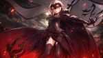  armor armored_dress banner black_dress black_legwear cape cloud cloudy_sky dress fate/grand_order fate_(series) from_below fur_trim gauntlets highres holding holding_sword holding_weapon jeanne_d'arc_(alter)_(fate) jeanne_d'arc_(fate)_(all) k-me looking_at_viewer looking_down night outdoors outstretched_arm parted_lips short_hair silver_hair sky smile solo sword thighhighs weapon yellow_eyes 