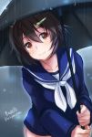  artist_name bangs black_umbrella blouse blue_blouse brave_witches brown_eyes brown_hair closed_mouth commentary_request hair_ornament hairclip haruhata_mutsuki head_tilt holding holding_umbrella karibuchi_hikari long_sleeves looking_at_viewer neckerchief rain school_uniform serafuku short_hair signature smile solo standing twitter_username umbrella wet wet_clothes wet_face white_neckwear world_witches_series 