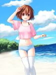  alternate_costume aposine arm_up ass_visible_through_thighs beach black_bra blue_shorts blue_sky bra bra_strap breasts brown_eyes brown_hair cloud collarbone commentary crop_top day english_commentary eyebrows_visible_through_hair hand_up highres hirasawa_yui k-on! looking_at_viewer medium_breasts navel ocean open_mouth outdoors pink_shirt shirt short_hair short_shorts short_sleeves shorts skindentation sky smile solo standing teeth thighhighs tree underwear water white_legwear 
