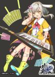  :d boots copyright_name fujishiro_kokoa full_body grey_background grey_hair hair_ornament hairclip instrument invisible_chair keyboard_(instrument) keytar looking_at_viewer official_art open_mouth sitting smile solo the_caster_chronicles v watermark yellow_eyes yellow_footwear 