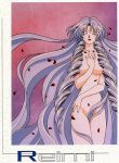  90s absurdly_long_hair breasts character_name closed_eyes cowboy_shot eyebrows_visible_through_hair hair_censor hair_over_breasts hair_over_crotch hand_on_breast hand_on_hip jahana_reimi kimura_takahiro large_breasts lavender_hair lipstick long_hair makeup nail_polish nude official_art petals red_lipstick red_nails rose_petals solo variable_geo very_long_hair 