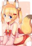  :o aixioo animal_ear_fluff animal_ears bangs bare_shoulders bell blonde_hair blue_eyes blush bow breasts chinese_commentary collarbone commentary_request detached_sleeves eyebrows_visible_through_hair fang fox_ears fox_girl fox_tail hair_bell hair_between_eyes hair_ornament hair_ribbon hairclip highres jingle_bell kemomimi_oukoku_kokuei_housou long_sleeves medium_breasts mikoko_(kemomimi_oukoku_kokuei_housou) navel panties parted_lips pleated_skirt red_bow red_ribbon red_skirt ribbon ribbon-trimmed_legwear ribbon_trim sidelocks skirt sleeves_past_fingers sleeves_past_wrists solo tail tail_raised thighhighs two_side_up underwear white_legwear white_panties wide_sleeves 