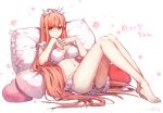  &gt;:) artist_name bare_legs barefoot blush bra breasts character_name closed_mouth fate/grand_order fate_(series) feet fingernails frilled_pillow frills hanakeda_(hanada_shiwo) hands_on_own_chest hands_up heart heart_pillow large_breasts long_hair looking_at_viewer medb_(fate)_(all) medb_(fate/grand_order) navel orange_eyes orange_hair pillow signature skirt smile solo tiara translated underwear v-shaped_eyebrows very_long_hair white_bra white_skirt 