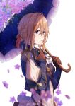  absurdres bangs blonde_hair blue_eyes brown_gloves eyebrows_visible_through_hair flower gloves hair_between_eyes hair_ribbon highres holding holding_umbrella koi_han pink_flower red_ribbon ribbon short_hair simple_background solo umbrella upper_body violet_evergarden violet_evergarden_(character) white_background 