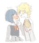  1boy 1girl blonde_hair blue_hair blush bob_cut chin_grab darling_in_the_franxx eye_contact flustered green_eyes hand_on_another's_chin ichigo_(darling_in_the_franxx) looking_at_another nine_alpha open_mouth short_hair simple_background sketch smile surprised unapoppo uniform white_background 