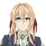  absurdres bangs blonde_hair blue_eyes eyebrows_visible_through_hair gem hair_between_eyes hair_ribbon highres ice_dacapo long_hair portrait red_ribbon ribbon simple_background smile solo violet_evergarden violet_evergarden_(character) white_background 