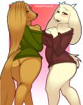  2018 alpha_channel anthro big_breasts big_butt blush boss_monster bottomless breasts butt canine caprine clothed clothing desertkaiju digital_media_(artwork) dog dogmom female female/female fur goat hair hi_res horn huge_breasts long_ears long_hair mammal mature_female presenting simple_background sweater text thick_thighs toriel transparent_background undertale video_games voluptuous white_fur wide_hips 