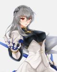  azur_lane bangs breastplate breasts brown_shirt commentary corset diamond_(shape) eyebrows_visible_through_hair eyes_visible_through_hair fleur_de_lis floating_hair gauntlets grey_hair hair_between_eyes hair_ornament hand_up head_tilt highres holding holding_polearm holding_weapon jacket large_breasts long_hair looking_away miniskirt mole mole_under_eye parted_lips pleated_skirt pointing polearm red_eyes saint-louis_(azur_lane) shirt sidelocks simple_background skirt skyde_kei solo weapon white_background white_footwear white_skirt 