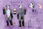  2018 anthro balls clothed clothing crossdressing digital_media_(artwork) erection fantaari fur girly hair male mammal marsupial model_sheet opossum penis quentin rodent simple_background smile solo standing text virginia_opossum 