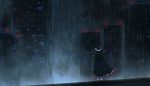  building cape city facing_away from_behind hat hat_ribbon highres lanreta ledge night rain ribbon skyscraper solo standing touhou usami_sumireko white_legwear wide_shot wind 