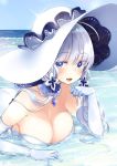  ahoge azur_lane beach blue_eyes blue_sky blush breasts cleavage commentary day detached_collar dress elbow_gloves eyebrows_visible_through_hair glint gloves hat highres illustrious_(azur_lane) large_breasts long_hair looking_at_viewer lying mirei mole mole_under_eye ocean on_stomach open_mouth silver_hair sky smile solo sun_hat sunlight white_dress white_gloves white_hat 