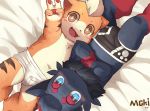  4_fingers anthro arcanine blue_eyes blush briefs brown_eyes bulge clothing crossed_arms cub duo fur lying male male/male mammal moki nintendo on_back orange_fur pok&eacute;mon pok&eacute;mon_(species) red_fur underwear video_games young zorua 